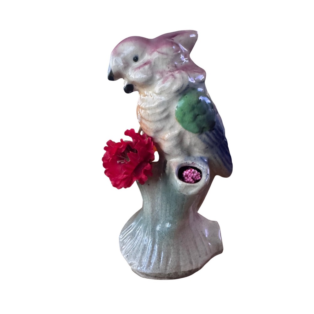 Vintage Ceramic Parrot Figurine Pink Green Tropical Bird with Flowers 5 inch